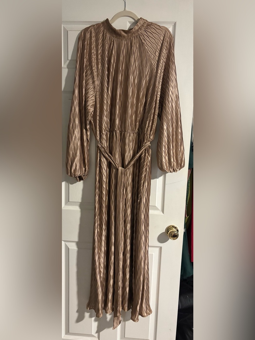 Womens Long Gold Textured Belted Dress